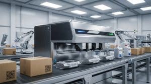 Modern industrial inkjet printer precisely marking metal components and cardboard boxes on an automated production line.
