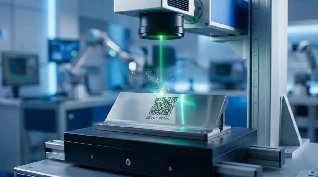 Green laser precisely engraves QR code and serial number on metal, with sparks, in a modern industrial setting. Advanced traceability.
