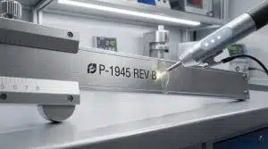 A modern electrolytic marking device etches 'P-1945 REV B' onto a brushed stainless steel part, highlighting precision and technology.