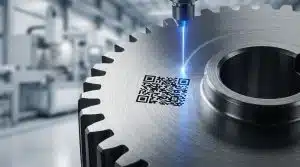 Close-up of a metal gear with a 2D data matrix code being marked by a blue laser. Blurred modern industrial background.