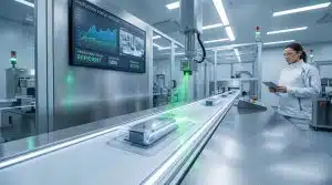 High-tech production line. Laser marks products on conveyor. Digital display shows 'EFFICIENT' status. Woman in lab coat observes.